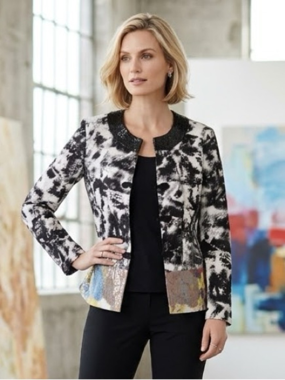 Chicos Geisha Cocktail Jacket 1 S M Black White Abstract Sequin Accent Artsy